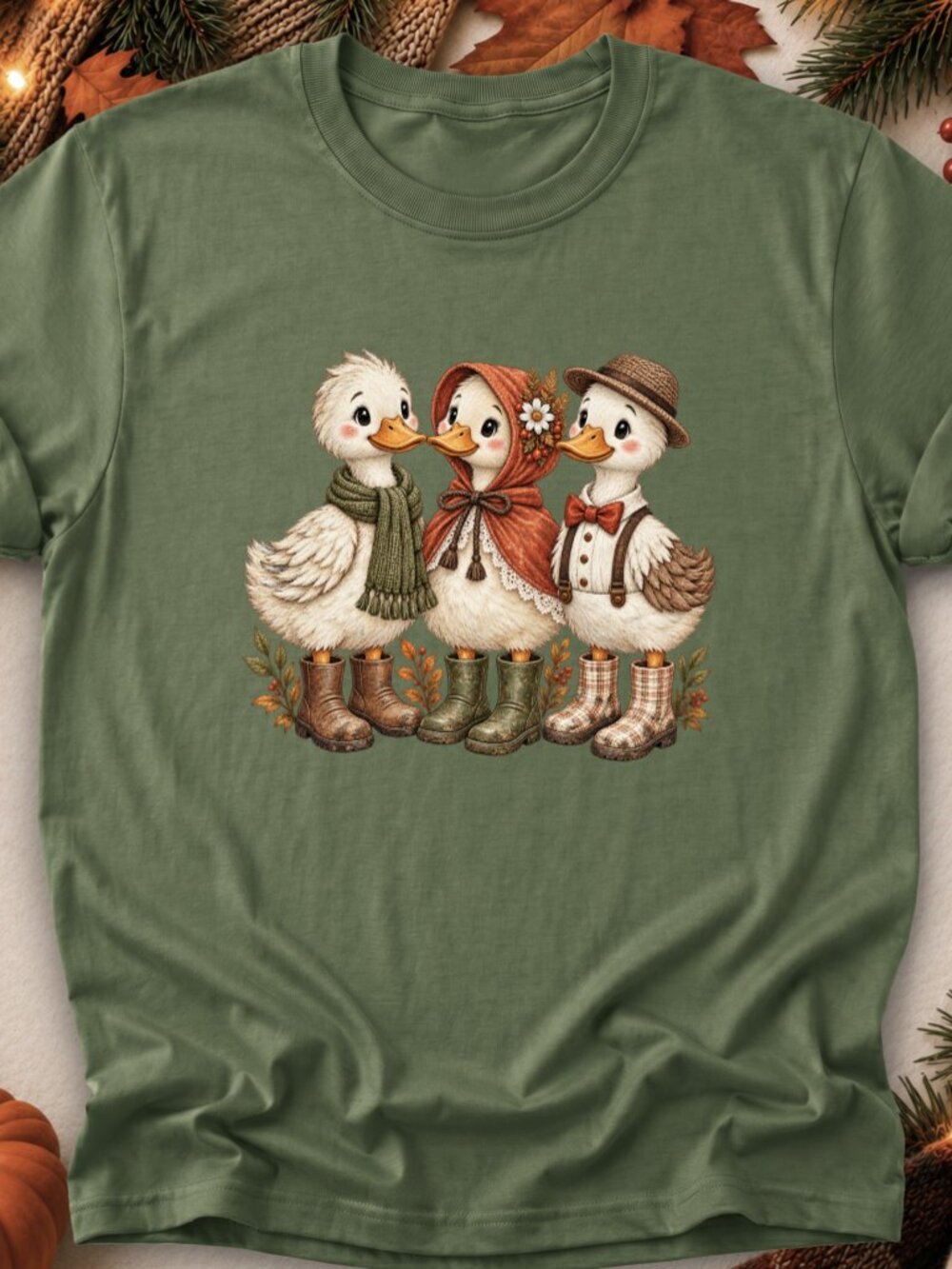 Fall Ducks TShirt Graphic Tee Adult Unisex Cute Animal In Boots Autumn Season